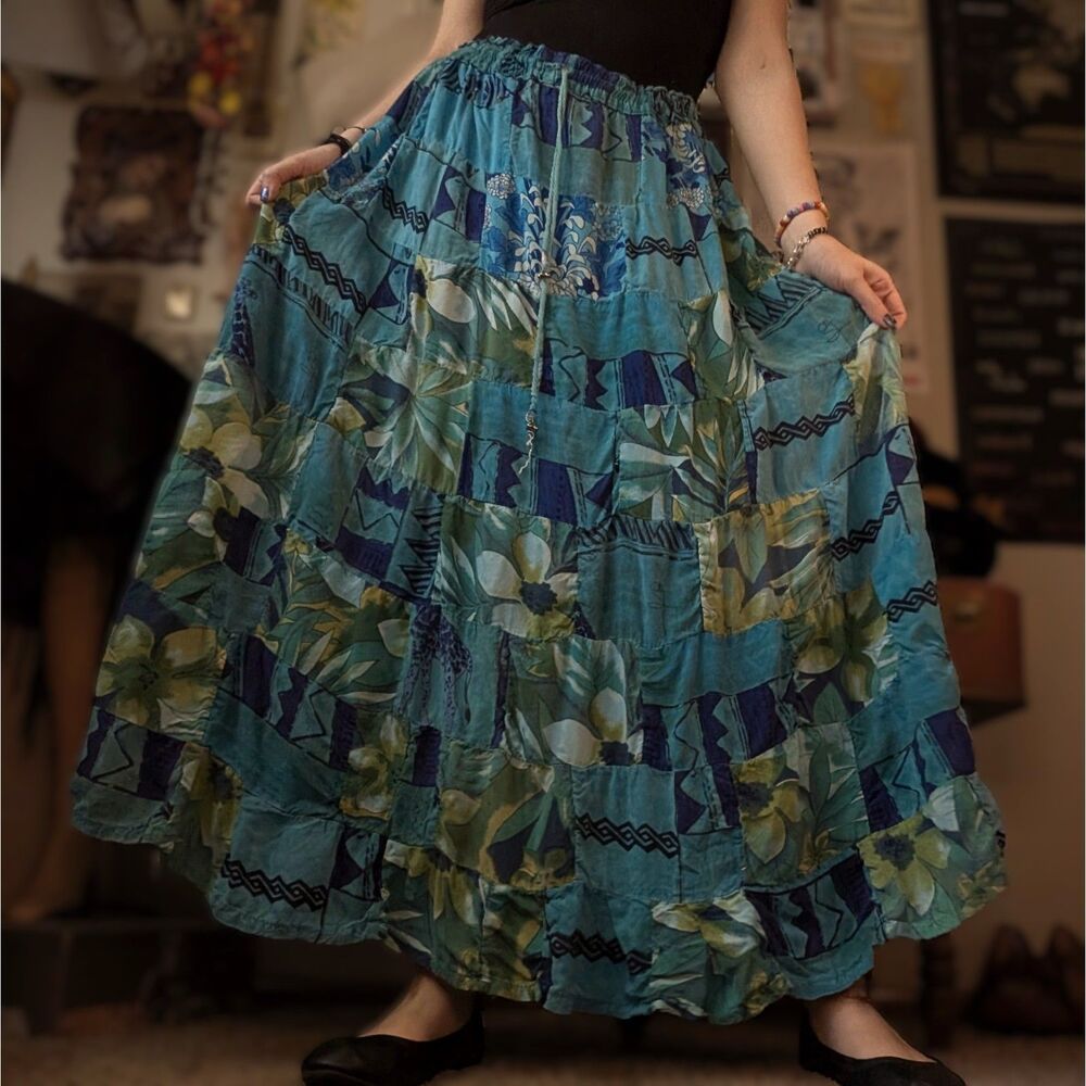 Vintage Patchwork Full Maxi Skirt Women's Plus One Size Blue